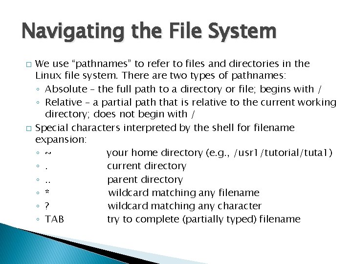 Navigating the File System � � We use “pathnames” to refer to files and
