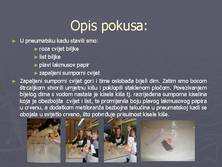 Opis pokusa: U pneumatsku kadu stavili smo: ► roza cvijet biljke ► list biljke