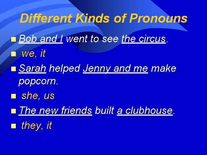 Different Kinds of Pronouns n Bob and I went to see the circus. n