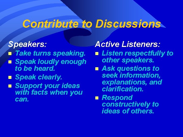 Contribute to Discussions Speakers: n n Take turns speaking. Speak loudly enough to be