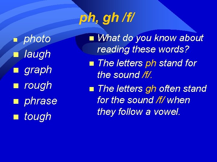 ph, gh /f/ n n n photo laugh graph rough phrase tough What do