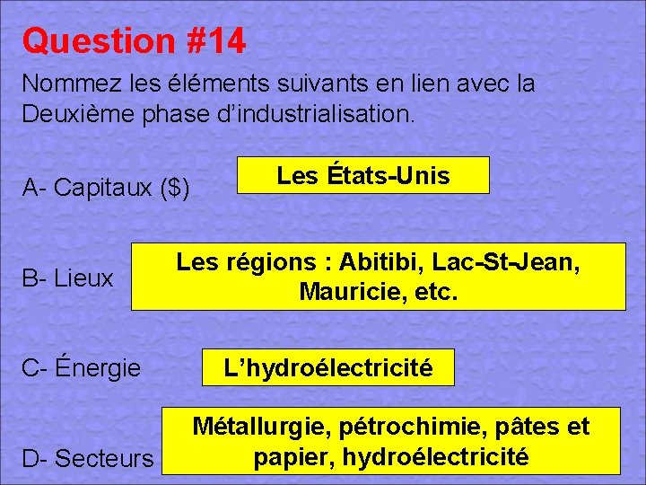 Question #14 Nommez les éléments suivants en lien avec la Deuxième phase d’industrialisation. A-