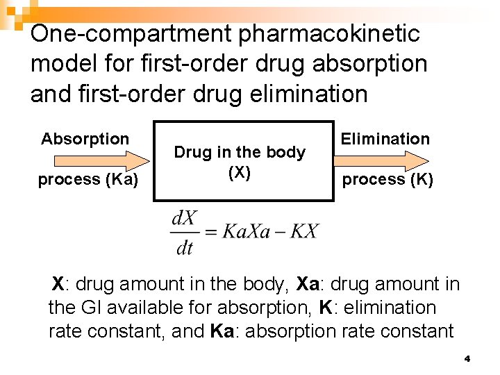 One-compartment pharmacokinetic model for first-order drug absorption and first-order drug elimination Absorption process (Ka)