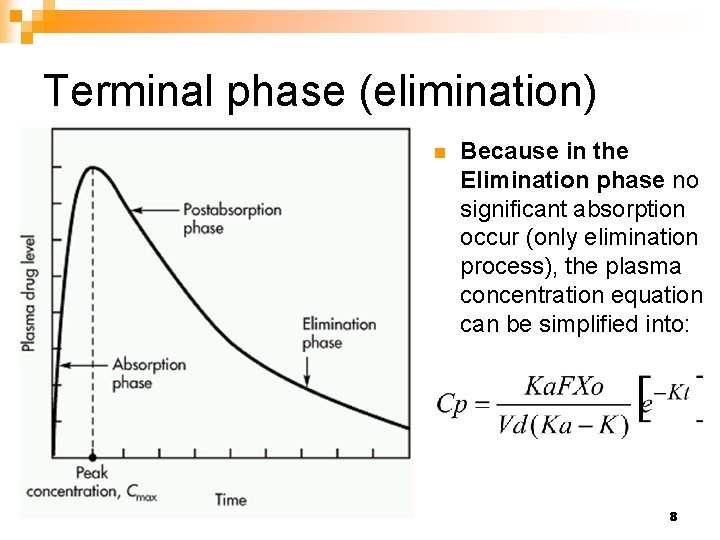 Terminal phase (elimination) n Because in the Elimination phase no significant absorption occur (only