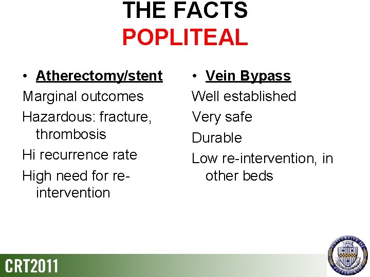 THE FACTS POPLITEAL • Atherectomy/stent Marginal outcomes Hazardous: fracture, thrombosis Hi recurrence rate High