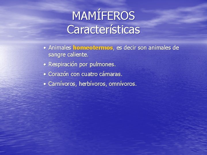 MAMÍFEROS Características · Animales homeotermos, es decir son animales de sangre caliente. · Respiración