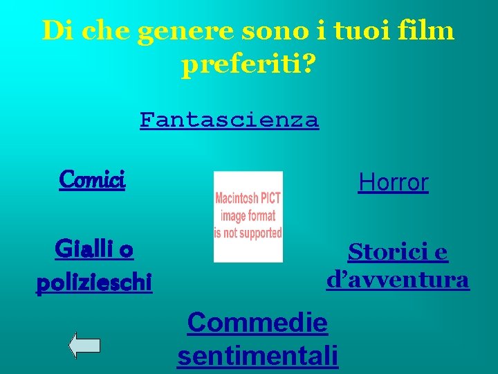 Di che genere sono i tuoi film preferiti? Fantascienza Comici Horror Gialli o polizieschi