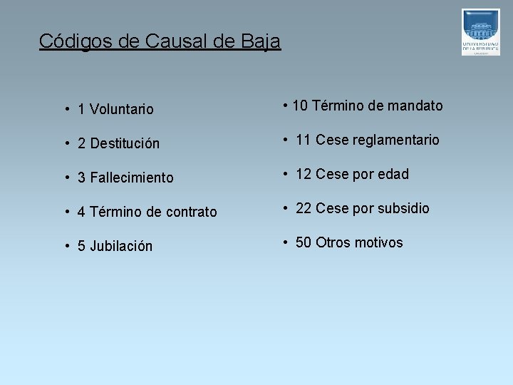 Códigos de Causal de Baja • 1 Voluntario • 10 Término de mandato •