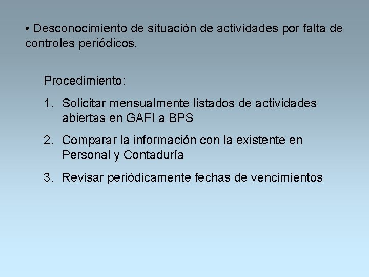  • Desconocimiento de situación de actividades por falta de controles periódicos. Procedimiento: 1.