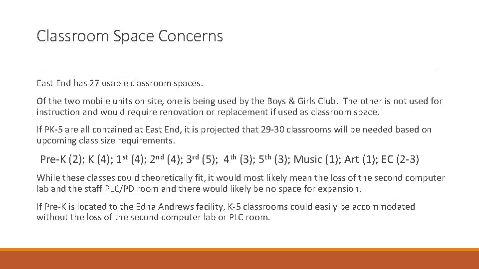 Classroom Space Concerns East End has 27 usable classroom spaces. Of the two mobile