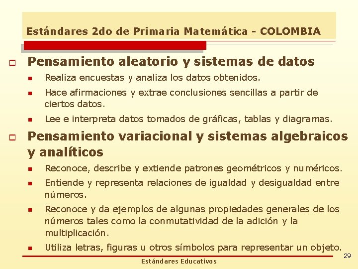Estándares 2 do de Primaria Matemática - COLOMBIA o Pensamiento aleatorio y sistemas de