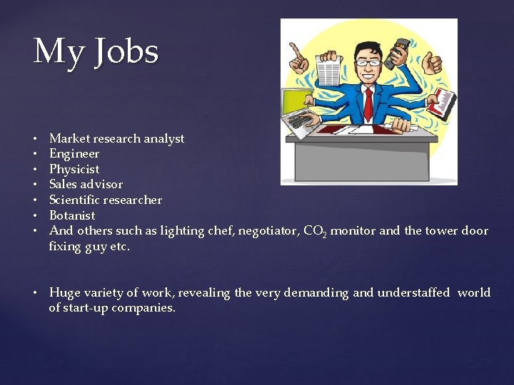 My Jobs • • Market research analyst Engineer Physicist Sales advisor Scientific researcher Botanist