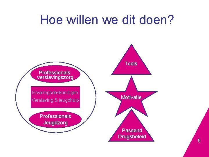 Hoe willen we dit doen? Tools Professionals verslavingszorg Ervaringsdeskundigen Verslaving & jeugdhulp Motivatie Professionals