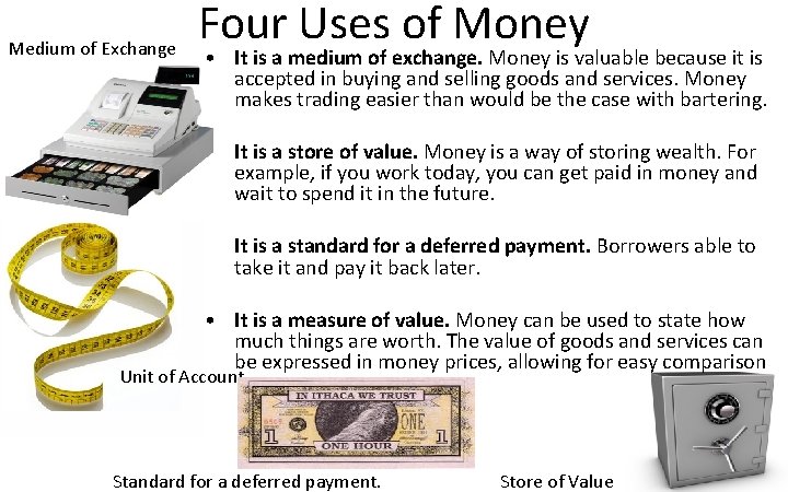 Medium of Exchange Four Uses of Money • It is a medium of exchange.