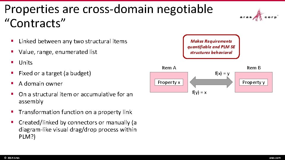 Properties are cross-domain negotiable “Contracts” § Linked between any two structural items Makes Requirements