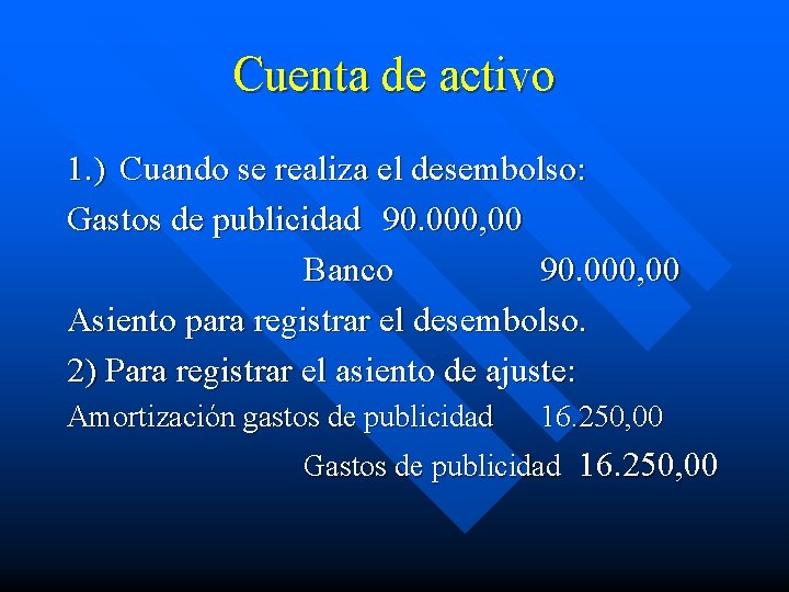 Cuenta de activo 1. ) Cuando se realiza el desembolso: Gastos de publicidad 90.