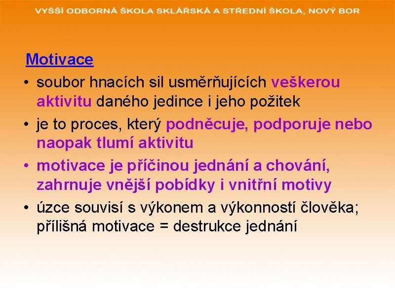 Motivace • soubor hnacích sil usměrňujících veškerou aktivitu daného jedince i jeho požitek •