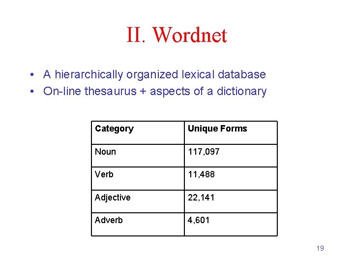 II. Wordnet • A hierarchically organized lexical database • On-line thesaurus + aspects of