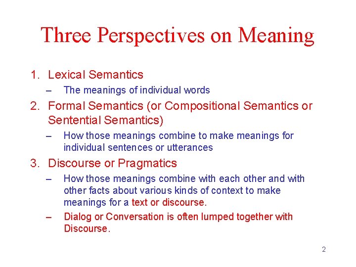 Three Perspectives on Meaning 1. Lexical Semantics – The meanings of individual words 2.