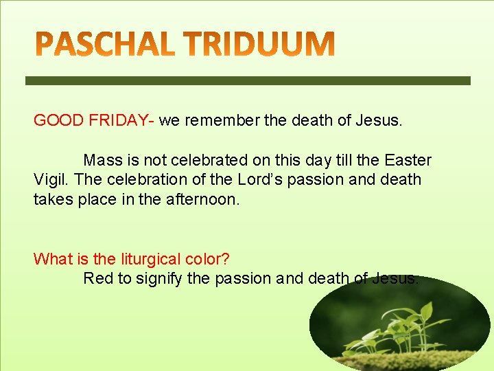 GOOD FRIDAY- we remember the death of Jesus. Mass is not celebrated on this