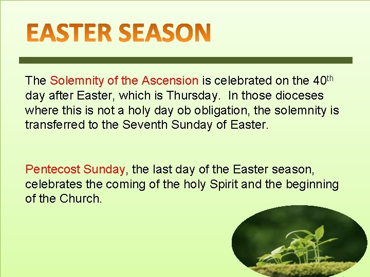 The Solemnity of the Ascension is celebrated on the 40 th day after Easter,
