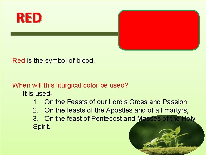 RED Red is the symbol of blood. When will this liturgical color be used?