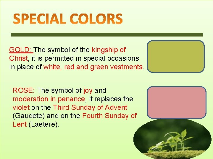 GOLD: The symbol of the kingship of Christ, it is permitted in special occasions