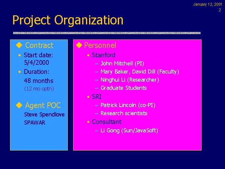 Project Organization u Contract u Personnel • Start date: 5/4/2000 • Duration: 48 months