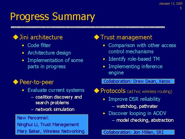 January 12, 2001 5 Progress Summary u Jini architecture • Code filter • Architecture