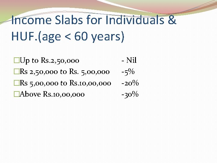 Income Slabs for Individuals & HUF. (age < 60 years) �Up to Rs. 2,