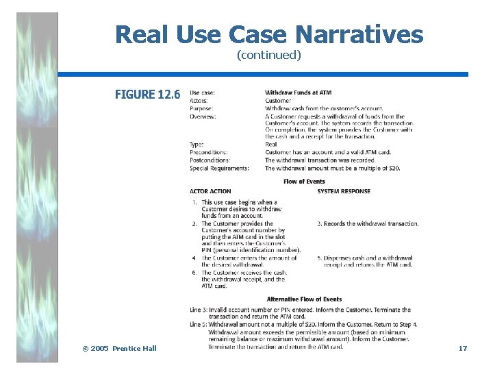 Real Use Case Narratives (continued) . © 2005 Prentice Hall 17 