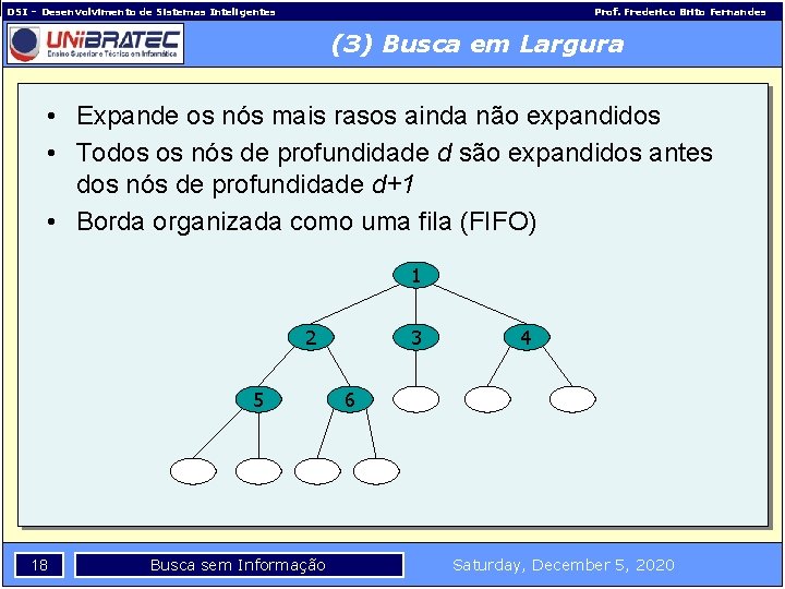 DSI – Desenvolvimento de Sistemas Inteligentes Prof. Frederico Brito Fernandes (3) Busca em Largura