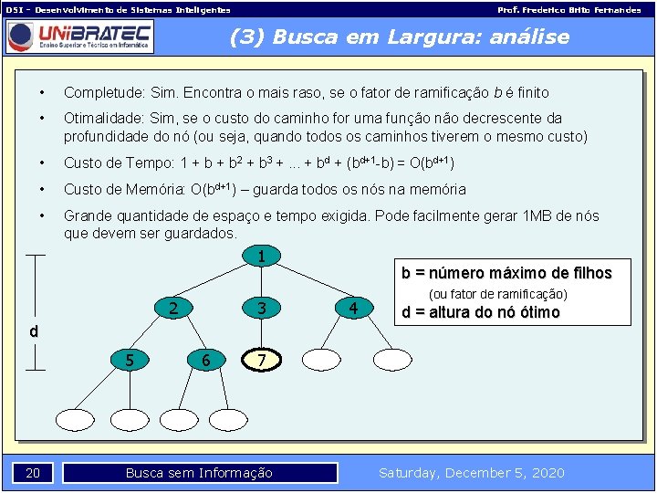 DSI – Desenvolvimento de Sistemas Inteligentes Prof. Frederico Brito Fernandes (3) Busca em Largura: