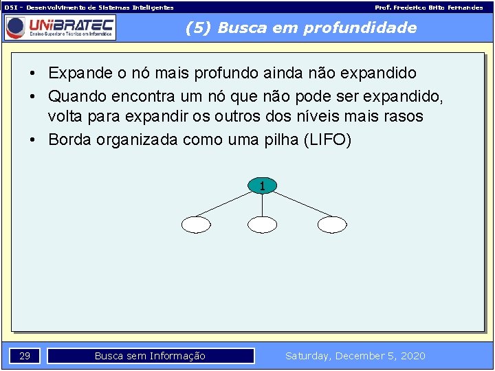 DSI – Desenvolvimento de Sistemas Inteligentes Prof. Frederico Brito Fernandes (5) Busca em profundidade