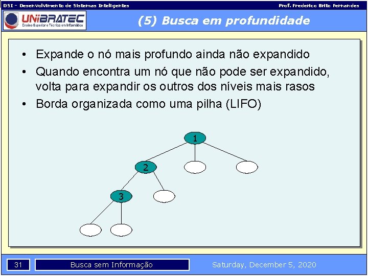 DSI – Desenvolvimento de Sistemas Inteligentes Prof. Frederico Brito Fernandes (5) Busca em profundidade