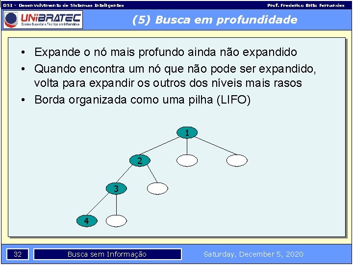 DSI – Desenvolvimento de Sistemas Inteligentes Prof. Frederico Brito Fernandes (5) Busca em profundidade