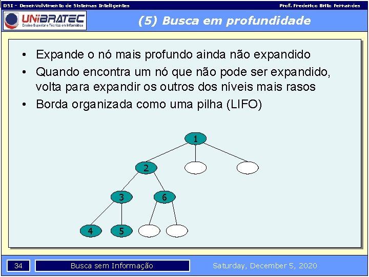 DSI – Desenvolvimento de Sistemas Inteligentes Prof. Frederico Brito Fernandes (5) Busca em profundidade