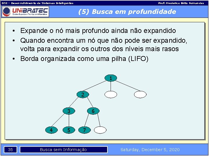 DSI – Desenvolvimento de Sistemas Inteligentes Prof. Frederico Brito Fernandes (5) Busca em profundidade