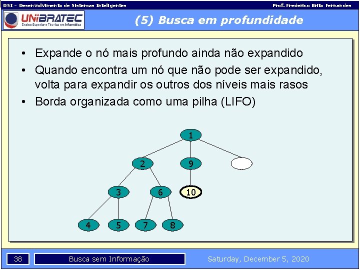 DSI – Desenvolvimento de Sistemas Inteligentes Prof. Frederico Brito Fernandes (5) Busca em profundidade