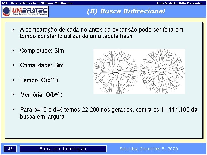 DSI – Desenvolvimento de Sistemas Inteligentes Prof. Frederico Brito Fernandes (8) Busca Bidirecional •