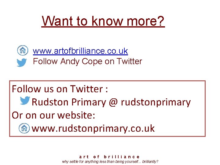 Want to know more? www. artofbrilliance. co. uk Follow Andy Cope on Twitter Follow