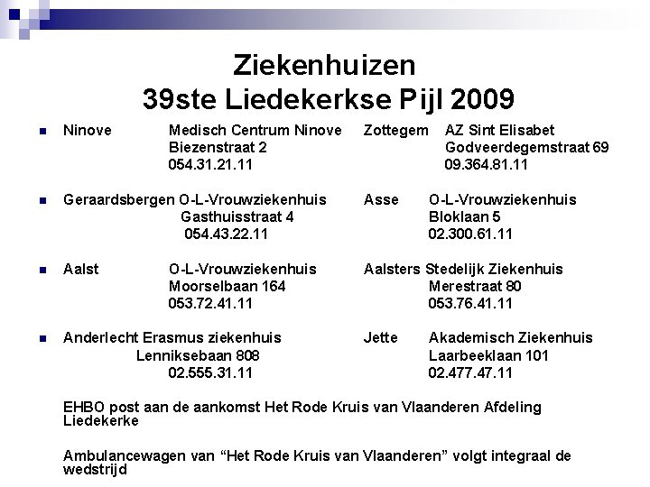 Ziekenhuizen 39 ste Liedekerkse Pijl 2009 n Ninove Medisch Centrum Ninove Biezenstraat 2 054.