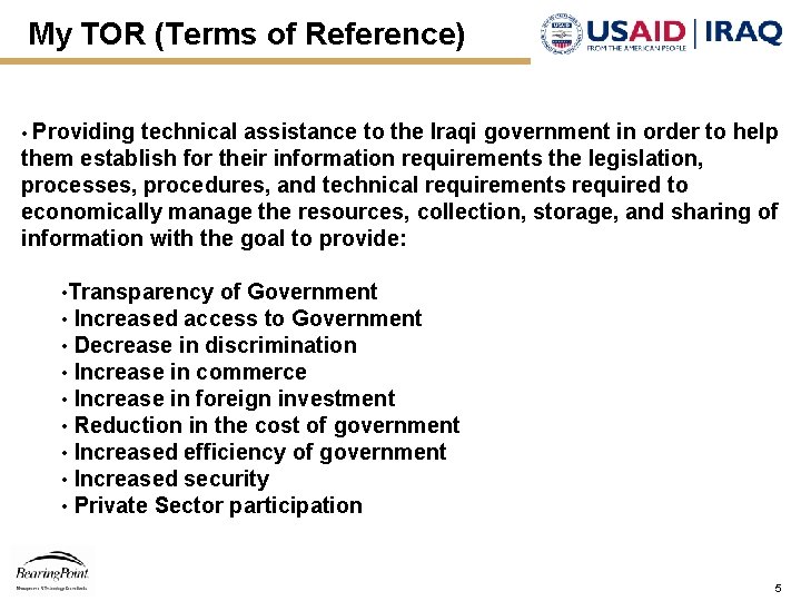 My TOR (Terms of Reference) Providing technical assistance to the Iraqi government in order