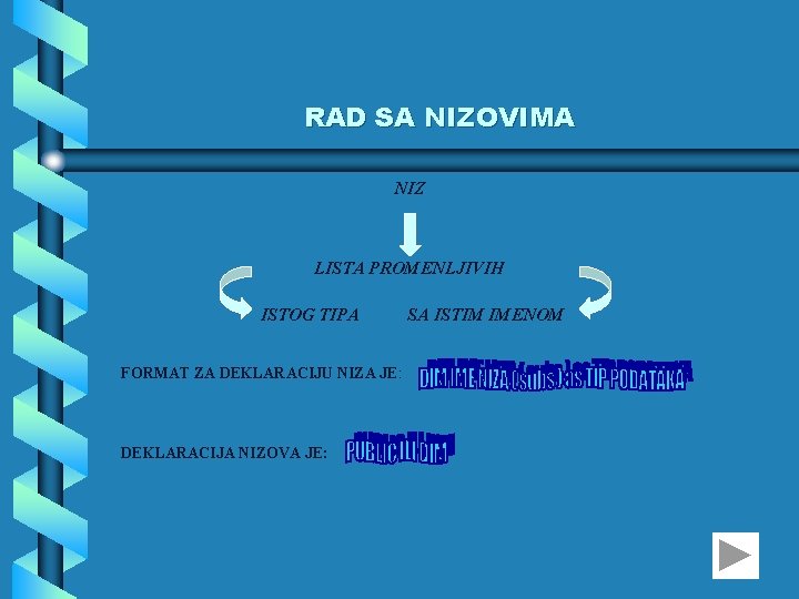 RAD SA NIZOVIMA NIZ LISTA PROMENLJIVIH ISTOG TIPA FORMAT ZA DEKLARACIJU NIZA JE: DEKLARACIJA