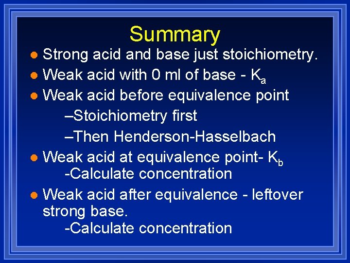 Summary Strong acid and base just stoichiometry. l Weak acid with 0 ml of