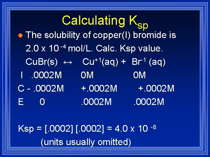 Calculating Ksp The solubility of copper(I) bromide is 2. 0 x 10 -4 mol/L.