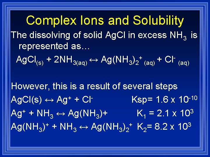 Complex Ions and Solubility The dissolving of solid Ag. Cl in excess NH 3