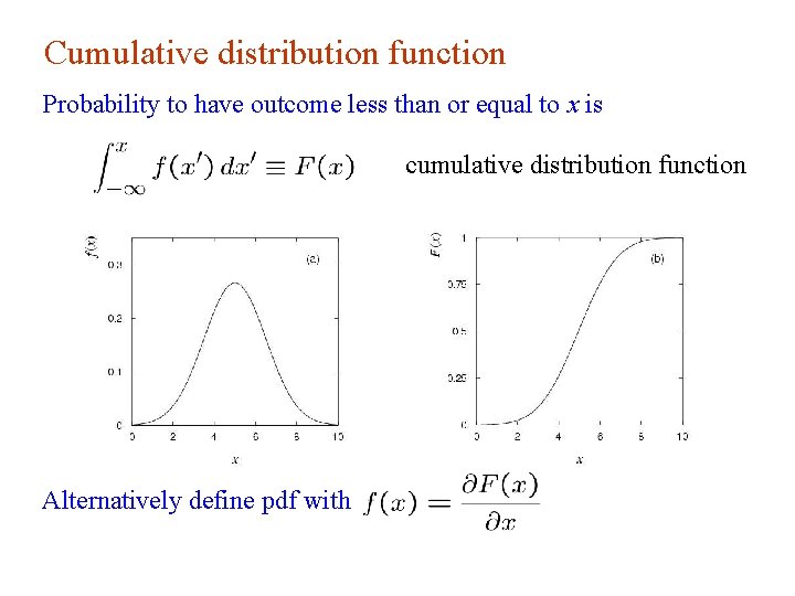 Cumulative distribution function Probability to have outcome less than or equal to x is