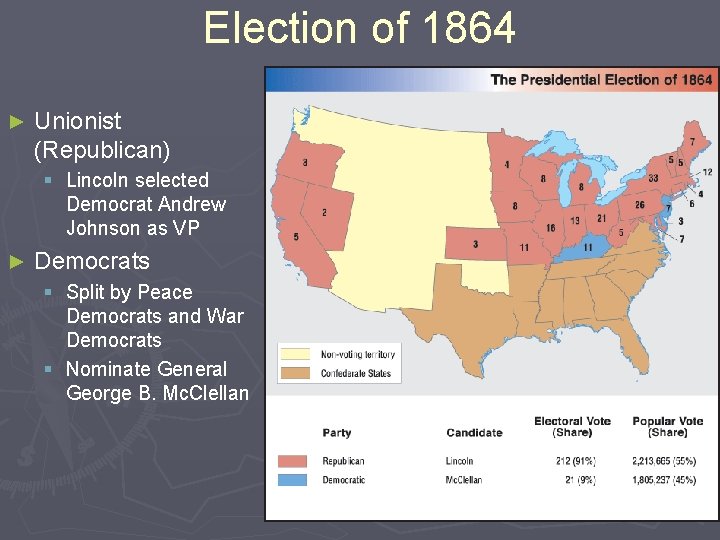 Election of 1864 ► Unionist (Republican) § Lincoln selected Democrat Andrew Johnson as VP
