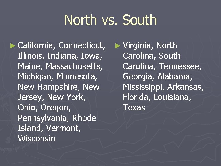 North vs. South ► California, Connecticut, Illinois, Indiana, Iowa, Maine, Massachusetts, Michigan, Minnesota, New